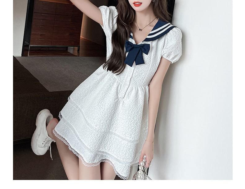 Dress Short-Sleeve Mini Collar Sailor A-Line