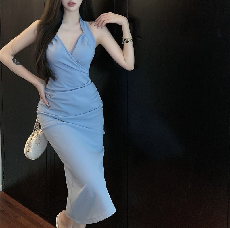 Plain Neck Maxi Halter Dress Sheath