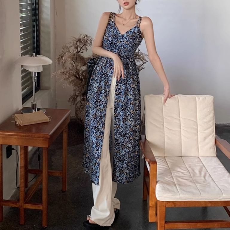 Floral Midi Dress V-Neck Sleeveless A-Line Print