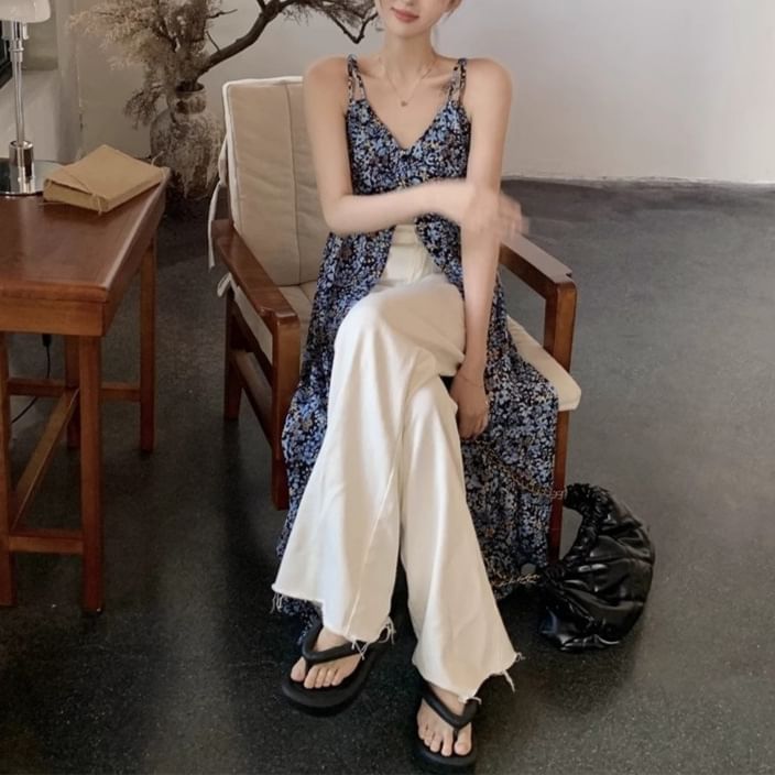 Floral Midi Dress V-Neck Sleeveless A-Line Print