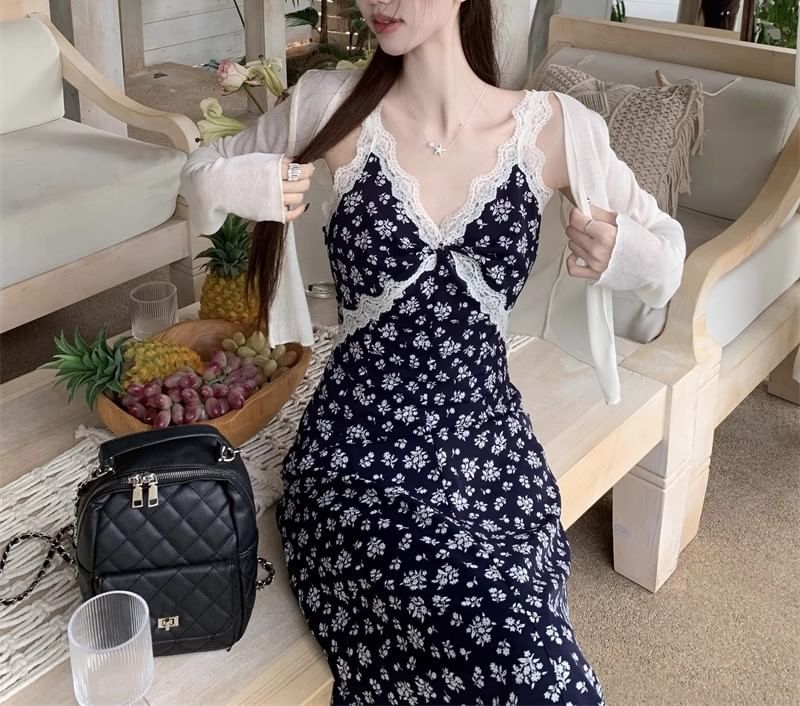 Print Maxi Sleeveless Cardigan Dress Floral / V-Neck A-Line