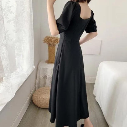 Plain A-Line Dress Short-Sleeve Neck Maxi Square