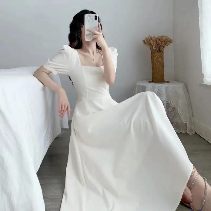 Plain A-Line Dress Short-Sleeve Neck Maxi Square