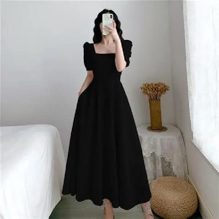 Plain A-Line Dress Short-Sleeve Neck Maxi Square