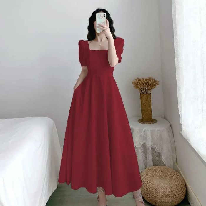 Plain A-Line Dress Short-Sleeve Neck Maxi Square