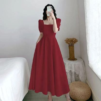 Plain A-Line Dress Short-Sleeve Neck Maxi Square