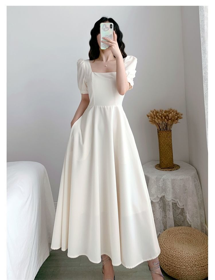 Plain A-Line Dress Short-Sleeve Neck Maxi Square