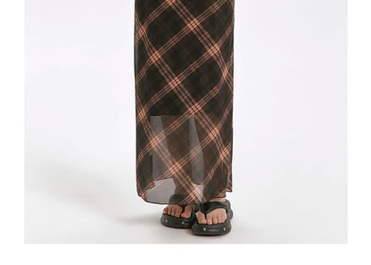 Dress Sheath Maxi Plaid Spaghetti Strap V-Neck