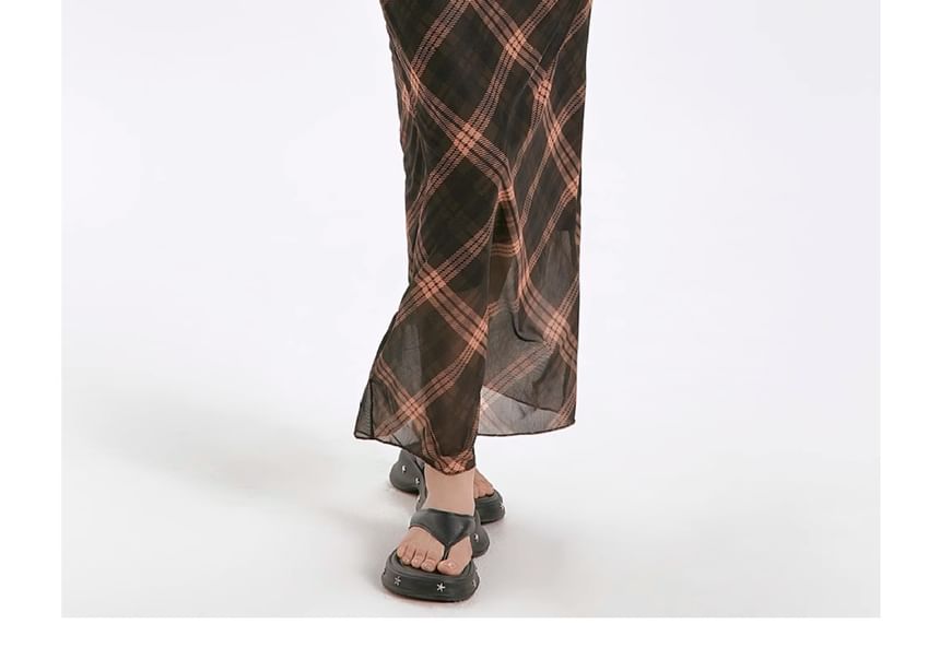 Dress Sheath Maxi Plaid Spaghetti Strap V-Neck