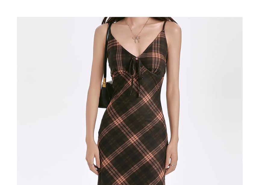 Dress Sheath Maxi Plaid Spaghetti Strap V-Neck
