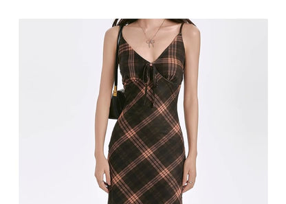 Dress Sheath Maxi Plaid Spaghetti Strap V-Neck