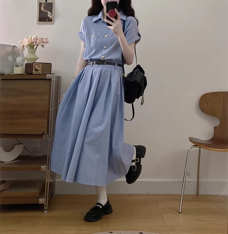 Maxi Striped A-Line Shirt Short-Sleeve Dress