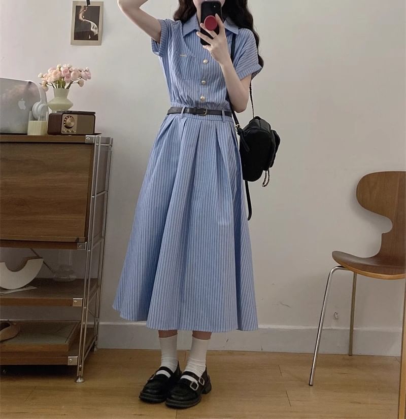Maxi Striped A-Line Shirt Short-Sleeve Dress