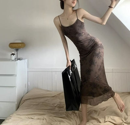 A-Line Spaghetti Dress Strap Maxi Lace