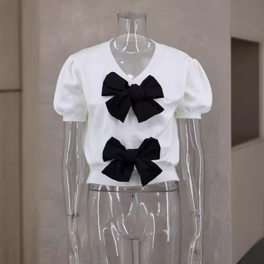 Accent Tone Two Top Bow V-Neck Crop Knit Puff-Sleeve