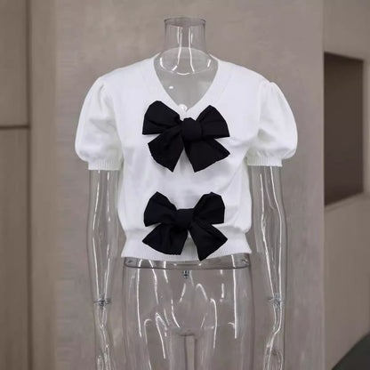 Accent Tone Two Top Bow V-Neck Crop Knit Puff-Sleeve