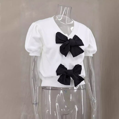 Accent Tone Two Top Bow V-Neck Crop Knit Puff-Sleeve