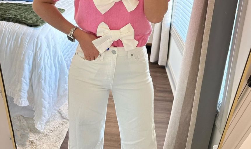Accent Tone Two Top Bow V-Neck Crop Knit Puff-Sleeve