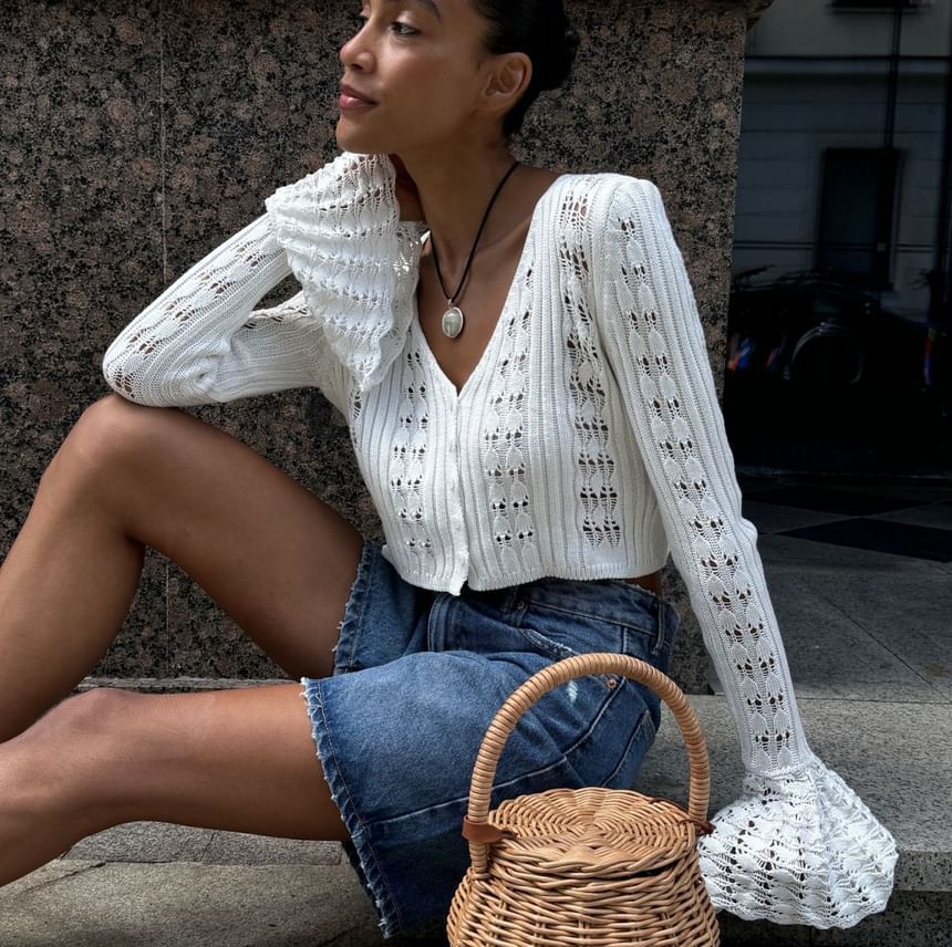 Perforated Flared-Cuff V-Neck Crop Plain Cardigan Button-Up