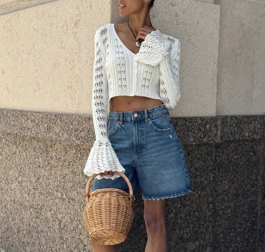 Perforated Flared-Cuff V-Neck Crop Plain Cardigan Button-Up