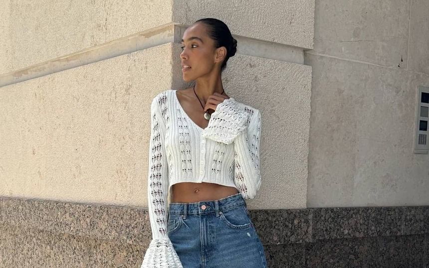 Perforated Flared-Cuff V-Neck Crop Plain Cardigan Button-Up