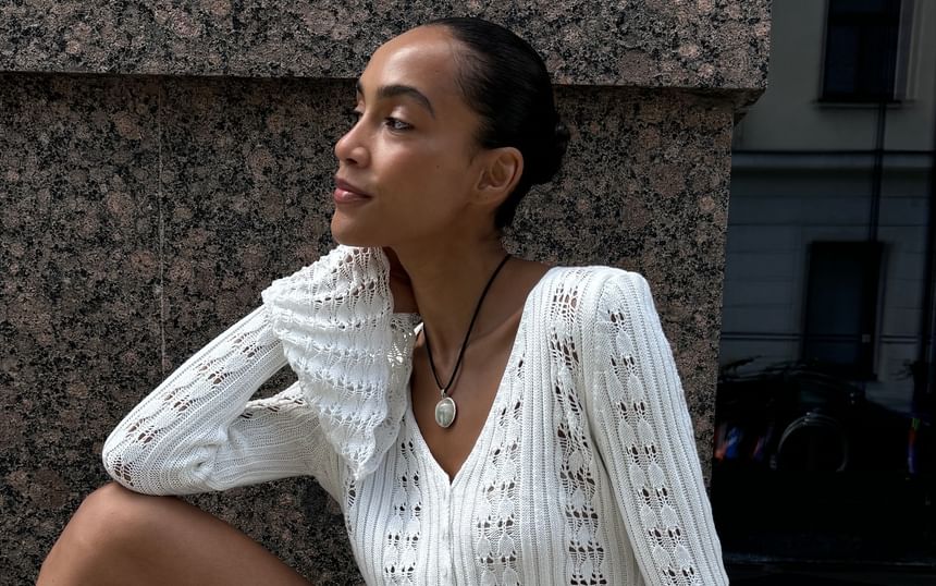 Perforated Flared-Cuff V-Neck Crop Plain Cardigan Button-Up