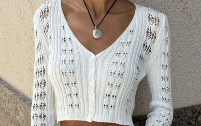 Perforated Flared-Cuff V-Neck Crop Plain Cardigan Button-Up
