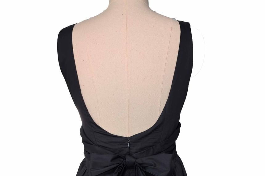 Back Plain Mini Tie Dress Square A-Line Neck Open Sleeveless Waist