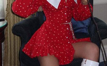 Collar Long-Sleeve Dress Mini Button-Up Hem Contrast Ruffle A-Line