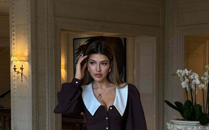 Collar Long-Sleeve Dress Mini Button-Up Hem Contrast Ruffle A-Line