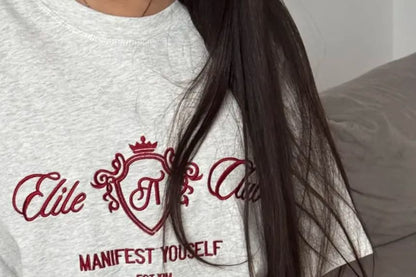 Neck Elbow-Sleeve Lettering Crew Embroidered Tee