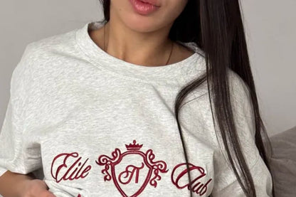 Neck Elbow-Sleeve Lettering Crew Embroidered Tee