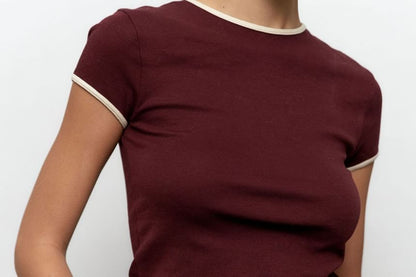 Crop Tee Trim Slim Neck Contrast Crew Fit Short-Sleeve