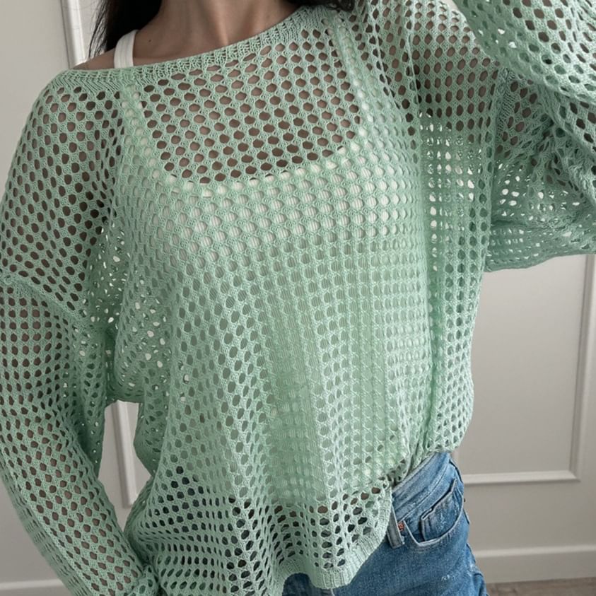Round Long-Sleeve Top Plain Neck Perforated Knit