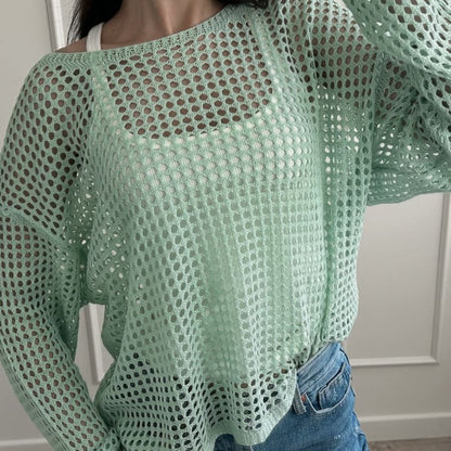 Round Long-Sleeve Top Plain Neck Perforated Knit