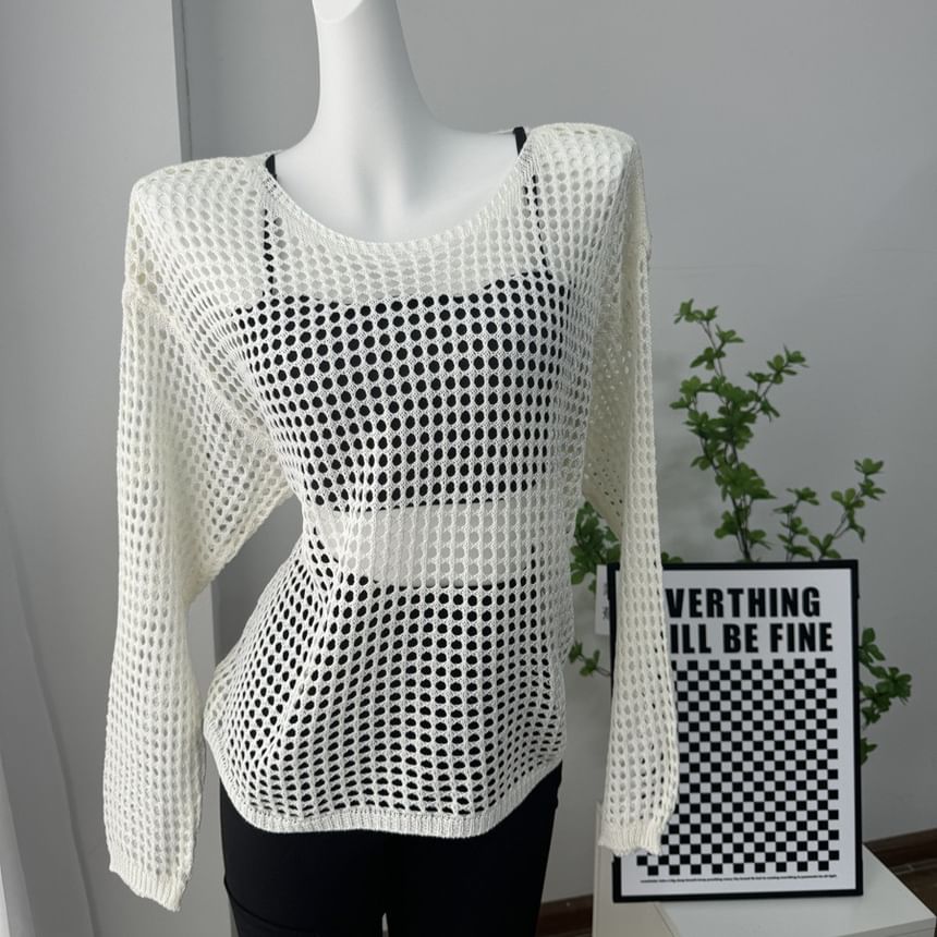 Round Long-Sleeve Top Plain Neck Perforated Knit