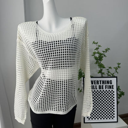 Round Long-Sleeve Top Plain Neck Perforated Knit