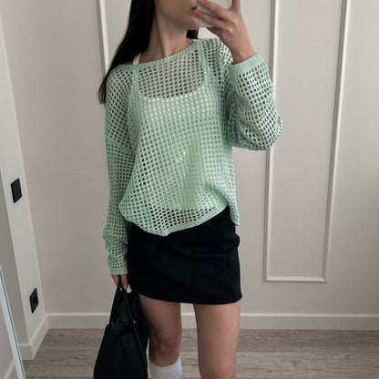 Round Long-Sleeve Top Plain Neck Perforated Knit