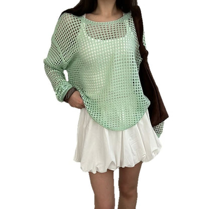 Round Long-Sleeve Top Plain Neck Perforated Knit