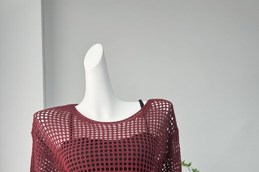 Round Long-Sleeve Top Plain Neck Perforated Knit