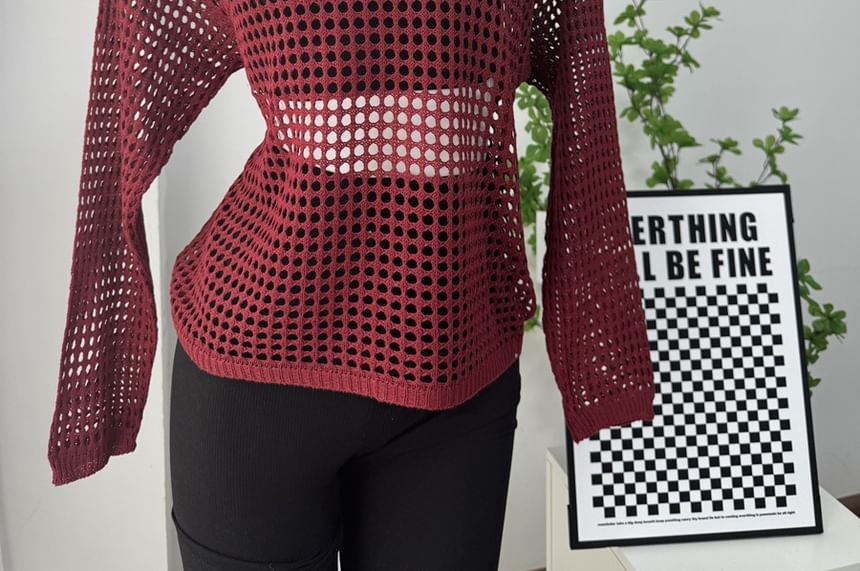 Round Long-Sleeve Top Plain Neck Perforated Knit