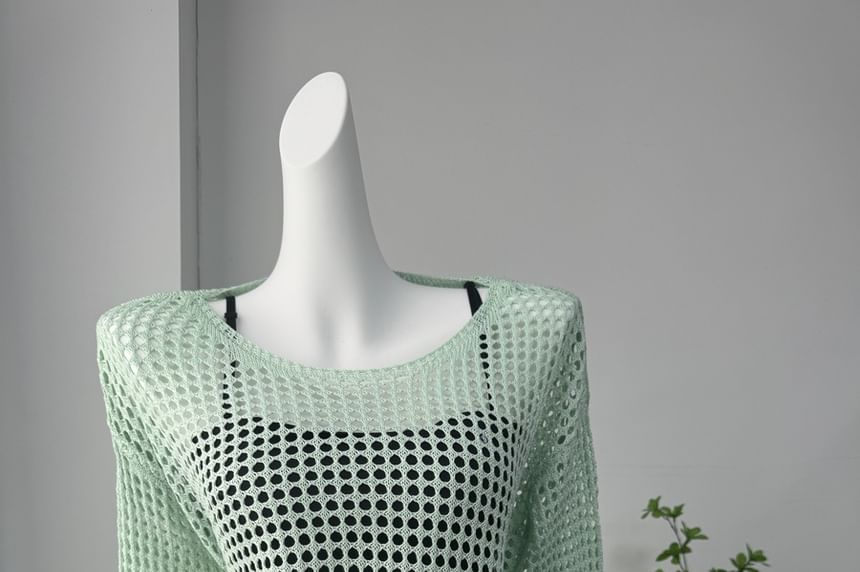 Round Long-Sleeve Top Plain Neck Perforated Knit