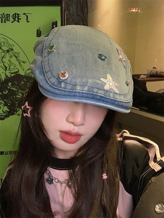 Embellished Flat Cap Denim