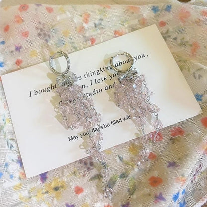 Bow Huggie Drop Rhinestone Fringed Earring