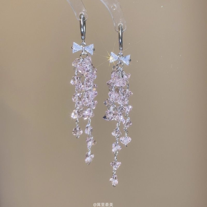 Bow Huggie Drop Rhinestone Fringed Earring
