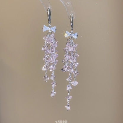 Bow Huggie Drop Rhinestone Fringed Earring