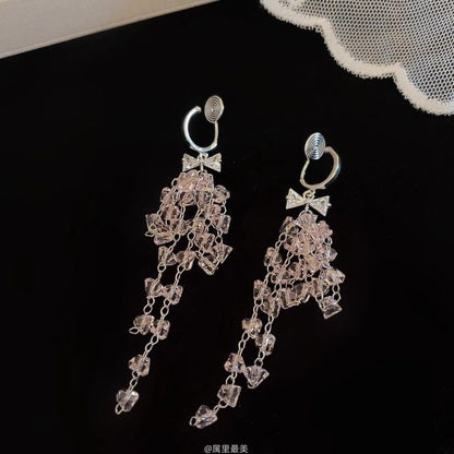 Bow Huggie Drop Rhinestone Fringed Earring