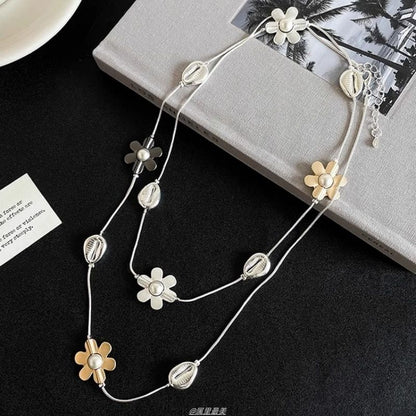 Flower Faux Pearl Necklace Long