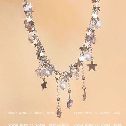Butterfly Faux Fringed Necklace Pearl Star