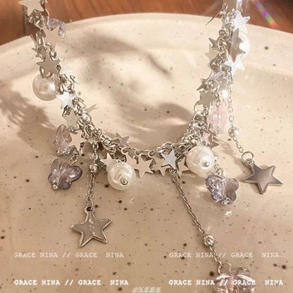 Butterfly Faux Fringed Necklace Pearl Star